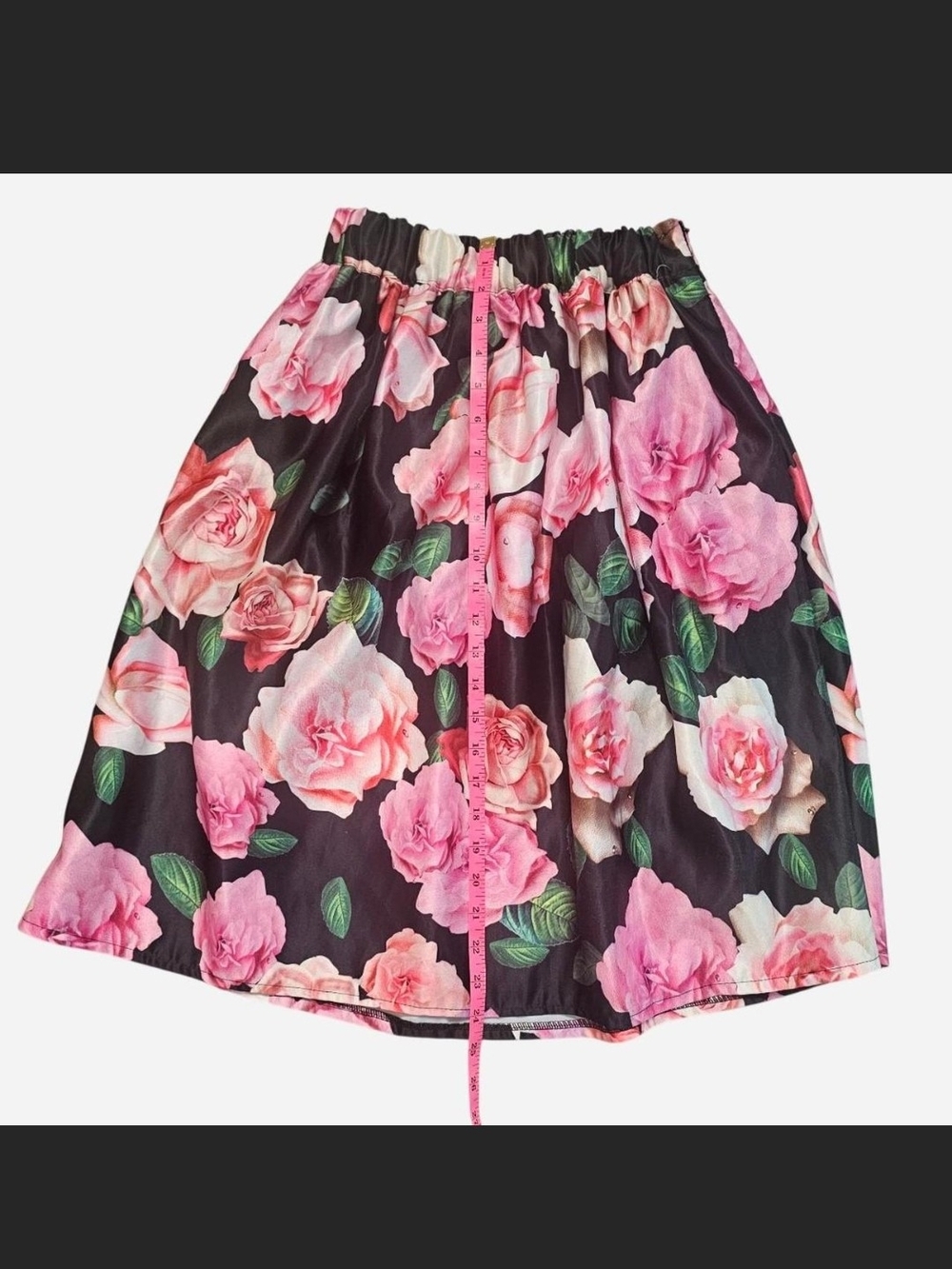 Vintage Black A-Line Skirt with Pink Rose Print